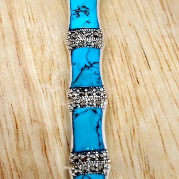 Stabilized Turquoise 11x7mm & Marcasite 925 Sterling Silver Bracelet 7" - Picture 7 of 11
